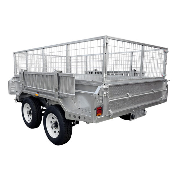 The 10×6 Dual Axle Hydraulic Tipper Tandem Box Trailer (3500KG ATM) with ramp holders features cage-style side panels, a sturdy open-frame design, white wheels, rear lights, and is shown on a white background.