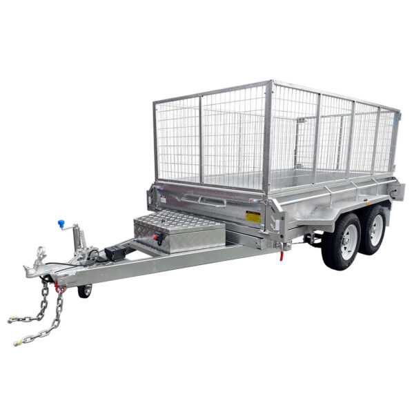 A 10×6 Dual Axle Hydraulic Tipper Tandem Box Trailer (3500KG ATM) with high metal mesh sides, front toolbox, ramp holders, tow hitch, and safety chains is shown empty and isolated on a white background.