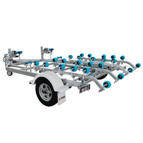 The Twin Jetski Roller Trailer features a silver metallic frame with multiple blue rollers, black tire, and visible fender. It has a single axle and is designed to safely transport small boats or two watercrafts with an ATM of 1400 kg.