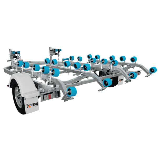 The Twin Jetski Roller Trailer features multiple blue rollers, adjustable supports, tandem wheels, and white fenders. It accommodates various boat sizes with a metallic frame and reflective rear lights. Designed for easy double watercraft transport—ATM 1400kg capacity.