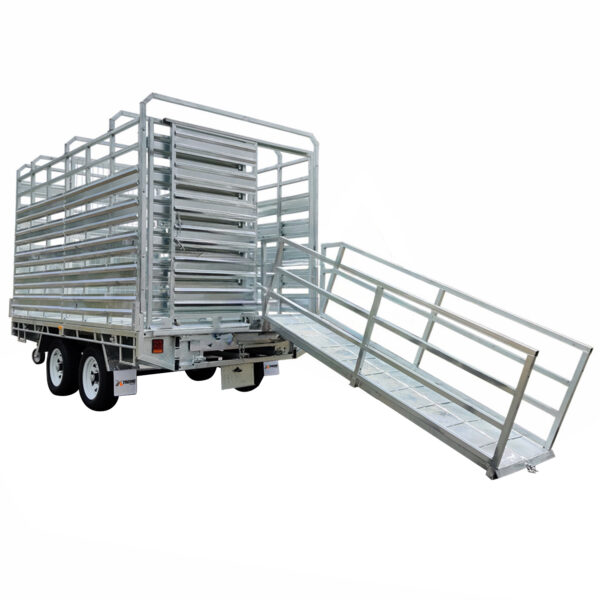 The 12x7 Dual Axle Flat Top Cattle/Livestock Trailer - 3500KG ATM is depicted with side rails and ramps for animal loading, set against a plain white background.