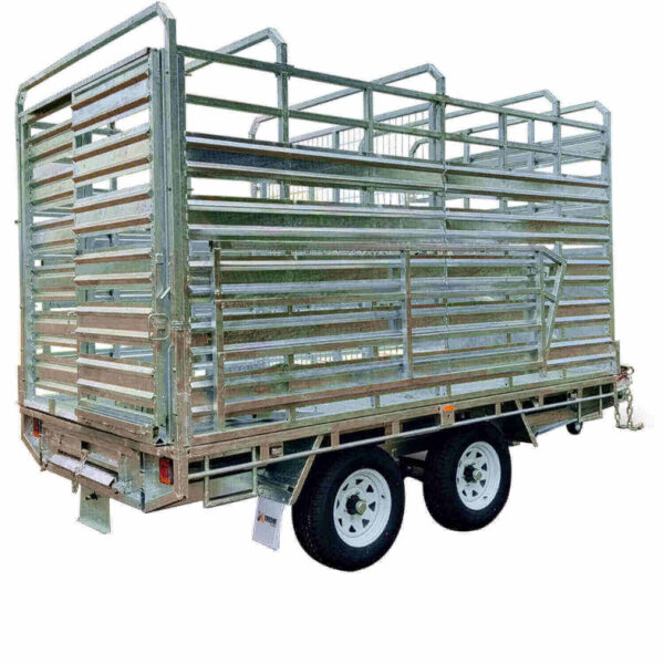A robust 12x7 dual axle flat top metallic livestock trailer with grated sides and a rear gate, designed for transporting animals. Capacity: 3500KG ATM. Includes side rails and ramps for easy loading/unloading.