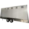 A 3.8m Big Box Food Trailer, large and white with dual axles, four side vents, two pairs of wheels, and a reflective lower panel, is set against a plain background.