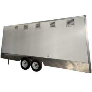 A 3.8m Big Box Food Trailer, large and white with dual axles, four side vents, two pairs of wheels, and a reflective lower panel, is set against a plain background.