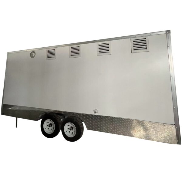 A 3.8m Big Box Food Trailer, large and white with dual axles, four side vents, two pairs of wheels, and a reflective lower panel, is set against a plain background.