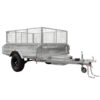 The 8x5 Hydraulic Tipper Single Axle Box Trailer ATM 1800kg features mesh sides, a single axle, black tire, front support wheel, and towing hitch with safety chains, shown on a white background.