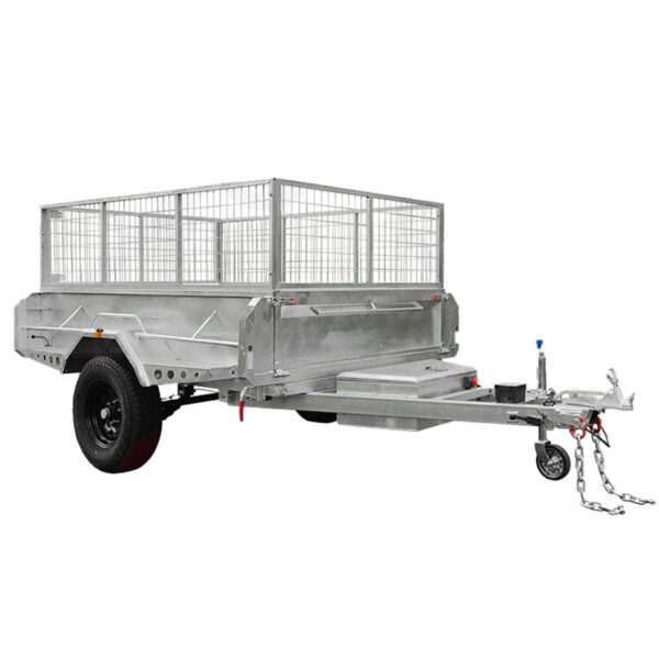 The 8x5 Hydraulic Tipper Single Axle Box Trailer ATM 1800kg features mesh sides, a single axle, black tire, front support wheel, and towing hitch with safety chains, shown on a white background.