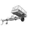 The 8x5 Hydraulic Tipper Single Axle Box Trailer (ATM 1800kg) is shown with a raised silver metal mesh cage, hydraulic tipping mechanism, black wheels, tow hitch, and single axle—isolated on a white background.