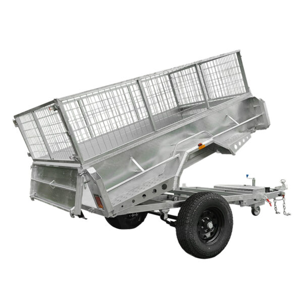 The 8x5 Hydraulic Tipper Single Axle Box Trailer ATM 1800kg features mesh side panels, a tipping mechanism shown raised, one visible black wheel, and a tow bar at the front.