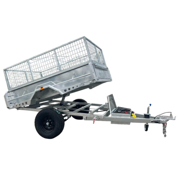 The 8x5 Hydraulic Tipper Single Axle Box Trailer (ATM 1800kg) features a raised mesh-sided cargo bed, single axle, tow hitch, and an upward-tilting hydraulic dumping mechanism for easy material hauling.