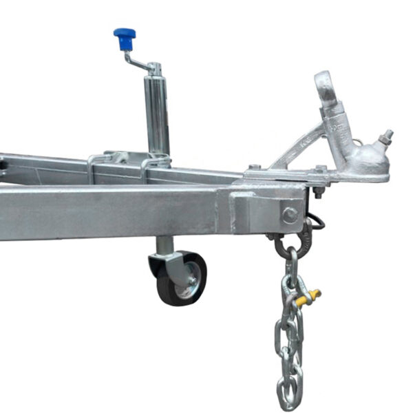 Close-up of the 8x5 Hydraulic Tipper Single Axle Box Trailer ATM 1800kg showing its metal hitch with coupler, safety chain, blue-handled jack stand, small wheel, and sturdy rectangular frame against a plain white background.