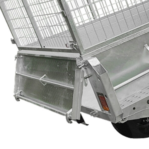 Close-up of the 8x5 Hydraulic Tipper Single Axle Box Trailer ATM 1800kg, showing its mesh cage, drop-down tailgate with latch, rear reflector, and wheel from an angled rear perspective.