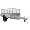 The 8x5 Hydraulic Tipper Single Axle Box Trailer ATM 1800kg is a silver metal utility trailer, featuring a mesh cage top, black tires, a tow bar with safety chains, and a jack stand. Its designed for transporting goods and displayed against a white background.