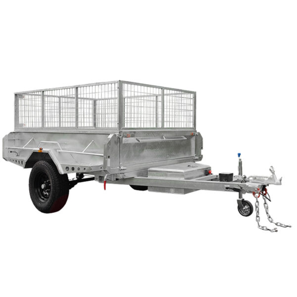 The 8x5 Hydraulic Tipper Single Axle Box Trailer ATM 1800kg is a silver metal utility trailer, featuring a mesh cage top, black tires, a tow bar with safety chains, and a jack stand. Its designed for transporting goods and displayed against a white background.