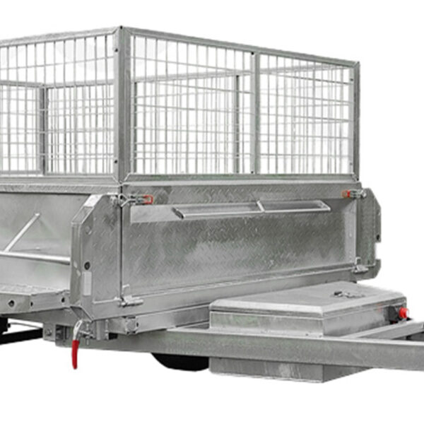 A close-up of the silver 8x5 Hydraulic Tipper Single Axle Box Trailer (ATM 1800kg) featuring high mesh sides, a diamond-plate gate, and a front lockable storage box—designed for secure and efficient cargo transport.