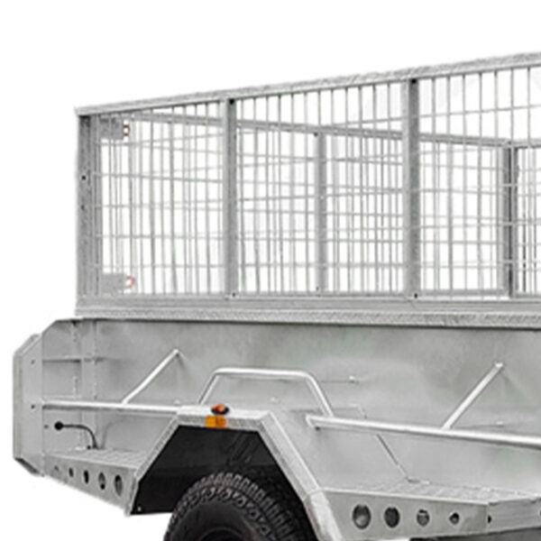 A close-up of the 8x5 Hydraulic Tipper Single Axle Box Trailer ATM 1800kg features metal mesh sides, a sturdy angular frame, and a large black tire, all set against a clean white background.