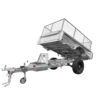 The 8x5 Hydraulic Tipper Single Axle Box Trailer ATM 1800kg features a tilted bed and wire mesh enclosure. It includes two wheels, a front jack stand, and a towing hitch. Displayed against a plain white background.