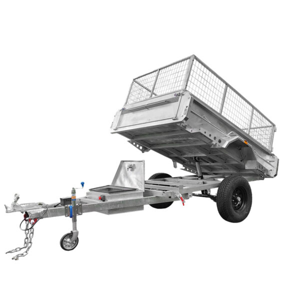The 8x5 Hydraulic Tipper Single Axle Box Trailer ATM 1800kg features a tilted bed and wire mesh enclosure. It includes two wheels, a front jack stand, and a towing hitch. Displayed against a plain white background.