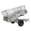 The 8x5 Hydraulic Tipper Single Axle Box Trailer features mesh cage sides, a metallic build, a tilting design for easy unloading, and is equipped with a tow hitch and black wheel. It has an ATM of 1800kg and is ideal for transporting goods.