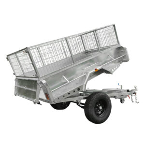 The 8x5 Hydraulic Tipper Single Axle Box Trailer features mesh cage sides, a metallic build, a tilting design for easy unloading, and is equipped with a tow hitch and black wheel. It has an ATM of 1800kg and is ideal for transporting goods.