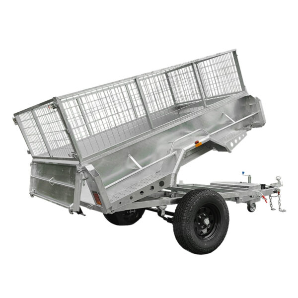 The 8x5 Hydraulic Tipper Single Axle Box Trailer features mesh cage sides, a metallic build, a tilting design for easy unloading, and is equipped with a tow hitch and black wheel. It has an ATM of 1800kg and is ideal for transporting goods.