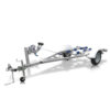 The Galvanised Single Jet-Ski Trailer ATM 750KG features a metal frame, hand-cranked winch, two large wheels, blue rollers for boat support, and a front safety chain. Displayed against a white background.