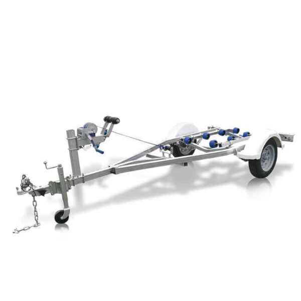 The Galvanised Single Jet-Ski Trailer ATM 750KG features a metal frame, hand-cranked winch, two large wheels, blue rollers for boat support, and a front safety chain. Displayed against a white background.