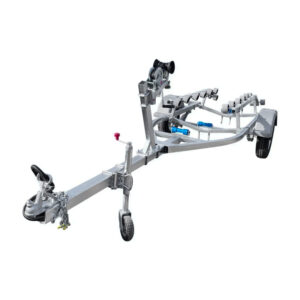 A Galvanised Single Jet-Ski Trailer ATM 750KG, featuring padded supports, a winch, and wheels for easy transport of jet-skis, is positioned on a white background.