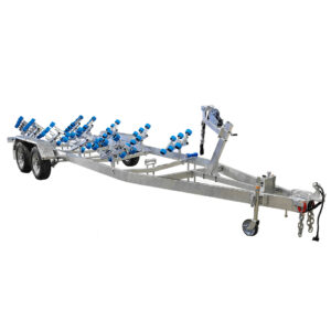 The 7.0m Galvanized Dual Axle Boat Trailer (3500kg ATM) features multiple blue rollers, rear double wheels, a front winch, and a support wheel—ideal for 6.2m-7.0m (20.3ft-23ft) boats.