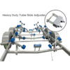 The 7.0m Galvanized Dual Axle Boat Trailer with 3500kg ATM, built for boats 6.2m-7.0m, features blue rollers, grey fenders, and a close-up of the heavy-duty tube side adjuster with bolts for secure adjustment.