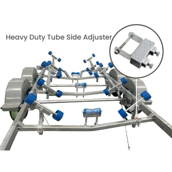 The 7.0m Galvanized Dual Axle Boat Trailer with 3500kg ATM, built for boats 6.2m-7.0m, features blue rollers, grey fenders, and a close-up of the heavy-duty tube side adjuster with bolts for secure adjustment.