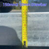 A yellow measuring tape shows a width of 150mm against the metallic drawbar of the 7.0m Galvanized Dual Axle Boat Trailer with 3500kg ATM, designed for boats from 6.2m to 7.0m (20.3ft-23ft). Blue text above reads “150mmX 50mm Drawbar.”.