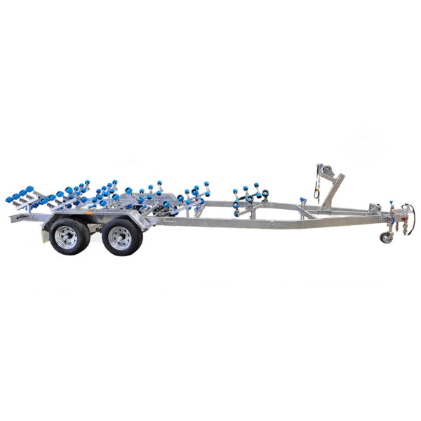 The 7.0m Galvanized Dual Axle Boat Trailer with 3500kg ATM is designed for transporting 6.2m–7.0m (20.3ft–23ft) boats, featuring a durable metal frame and blue rollers for easy loading and unloading.