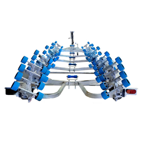 Front view of the 7.0m Galvanized Dual Axle Boat Trailer (3500kg ATM), featuring curved metal supports and blue rollers to cradle and guide boats 6.2m–7.0m (20.3ft–23ft) during loading and transport.