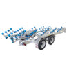 The 7.0m Galvanized Dual Axle Boat Trailer (3500kg ATM) is ideal for transporting 6.2m-7.0m boats, featuring robust dual axles, large tires, blue and black roller supports, and a rear license plate for easy identification.