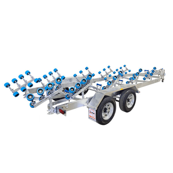 The 7.0m Galvanized Dual Axle Boat Trailer (3500kg ATM) is ideal for transporting 6.2m-7.0m boats, featuring robust dual axles, large tires, blue and black roller supports, and a rear license plate for easy identification.