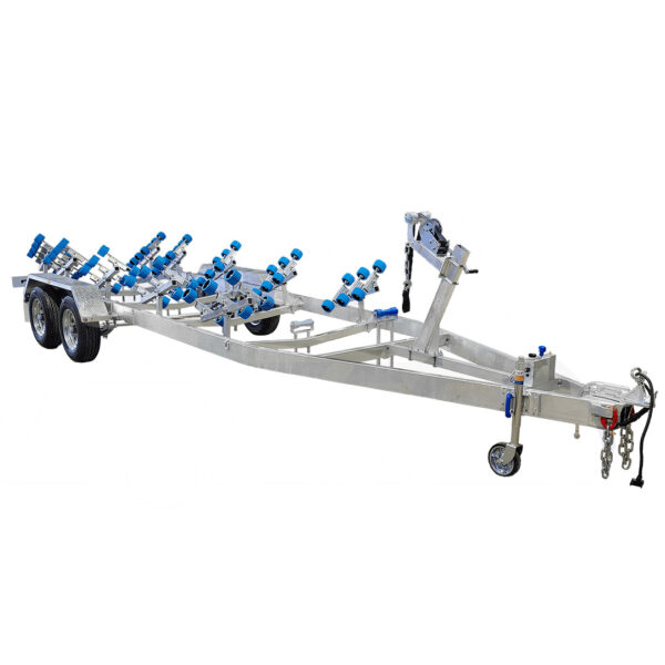 The 7.0m Galvanized Dual Axle Boat Trailer (3500kg ATM) features blue rollers, a winch, and front jockey wheel for easy transport and loading of 6.2m-7.0m boats (20.3ft-23ft).