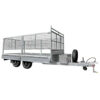 The 14x7 Dual Axle Hydraulic Tipper Tandem Box Trailer (4500KG ATM) features wire mesh sides, a front toolbox, spare tire, tow hitch, and ramps—ideal for transporting goods or equipment.