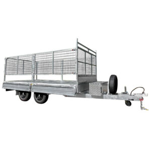 The 14x7 Dual Axle Hydraulic Tipper Tandem Box Trailer (4500KG ATM) features wire mesh sides, a front toolbox, spare tire, tow hitch, and ramps—ideal for transporting goods or equipment.