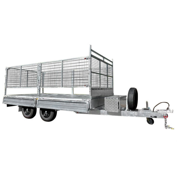 The 14x7 Dual Axle Hydraulic Tipper Tandem Box Trailer (4500KG ATM) features wire mesh sides, a front toolbox, spare tire, tow hitch, and ramps—ideal for transporting goods or equipment.