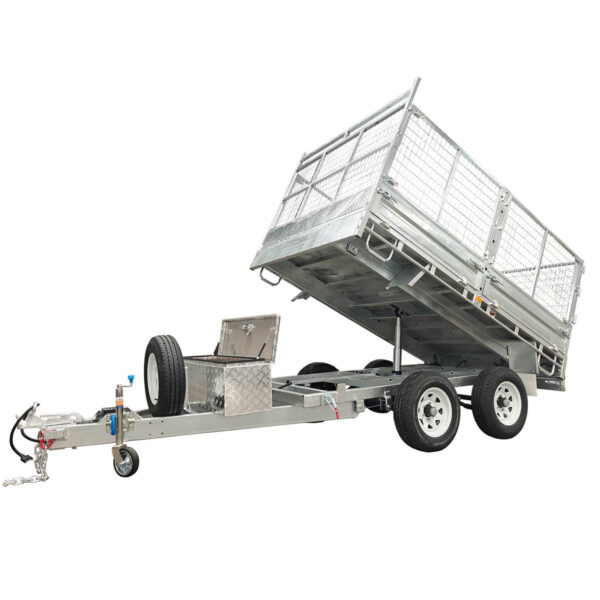 The 14x7 Dual Axle Hydraulic Tipper Tandem Box Trailer (4500KG ATM) features mesh sides, raised bed, dual wheels, ramps, spare tire, toolbox, and tow hitch—perfect for heavy loads. Shown isolated on a white background.