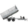 The 14x7 Dual Axle Hydraulic Tipper Tandem Box Trailer (4500KG ATM) features mesh sides, a tipping mechanism, dual black-wheel axles, ramps, and a spare tire mounted at the front near the tow hitch.