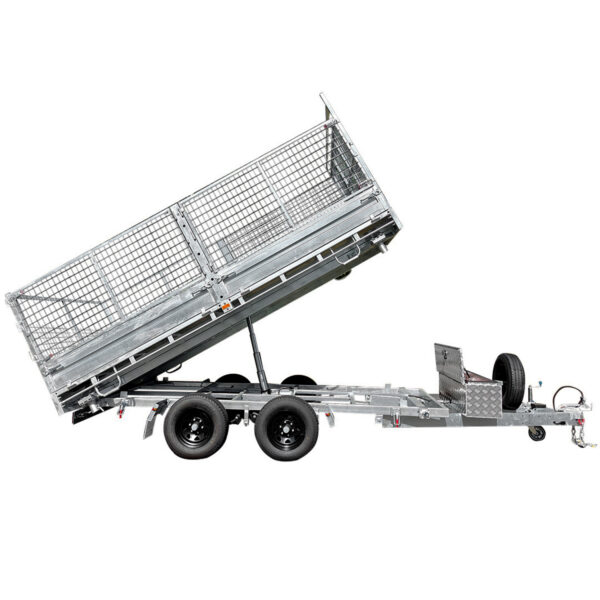 The 14x7 Dual Axle Hydraulic Tipper Tandem Box Trailer (4500KG ATM) features mesh sides, a tipping mechanism, dual black-wheel axles, ramps, and a spare tire mounted at the front near the tow hitch.