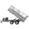 The 14x7 Dual Axle Hydraulic Tipper Tandem Box Trailer (4500KG ATM) features a hydraulic tilting bed, ramps, spare tire, toolbox, and towing hitch for easy transport and utility use.