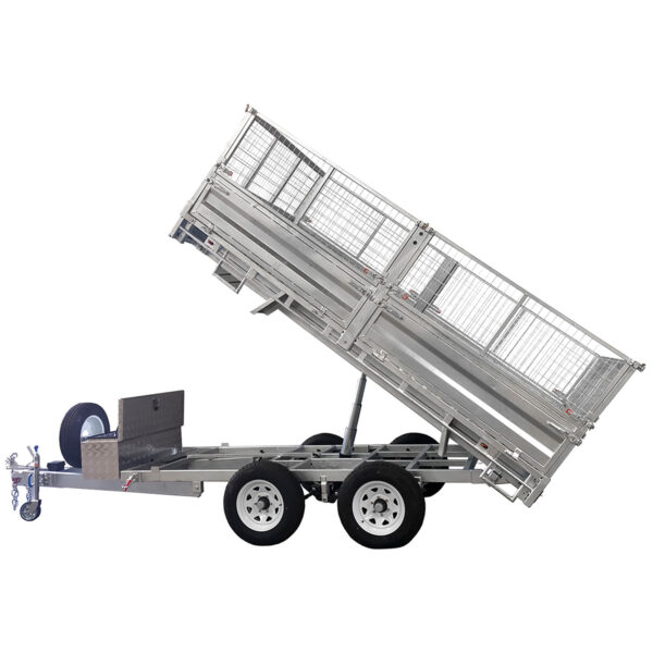 The 14x7 Dual Axle Hydraulic Tipper Tandem Box Trailer (4500KG ATM) features a hydraulic tilting bed, ramps, spare tire, toolbox, and towing hitch for easy transport and utility use.