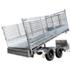 The 14x7 Dual Axle Hydraulic Tipper Tandem Box Trailer - 4500KG ATM With Ramps features mesh side panels, black wheels, a side-mounted tool box, and can be tilted for unloading.