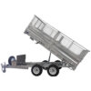 The 14x7 Dual Axle Hydraulic Tipper Tandem Box Trailer (4500KG ATM) features wire mesh sides, a hydraulic lift with tilting bed for easy unloading, front-mounted spare tire and metal storage box, plus loading ramps.