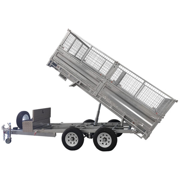 The 14x7 Dual Axle Hydraulic Tipper Tandem Box Trailer (4500KG ATM) features wire mesh sides, a hydraulic lift with tilting bed for easy unloading, front-mounted spare tire and metal storage box, plus loading ramps.