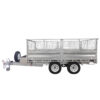 A 14x7 Dual Axle Hydraulic Tipper Tandem Box Trailer (4500KG ATM) with ramps, mesh cage, side rails, front spare tire, and towing hitch, viewed from the side against a white background.