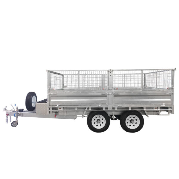 A 14x7 Dual Axle Hydraulic Tipper Tandem Box Trailer (4500KG ATM) with ramps, mesh cage, side rails, front spare tire, and towing hitch, viewed from the side against a white background.